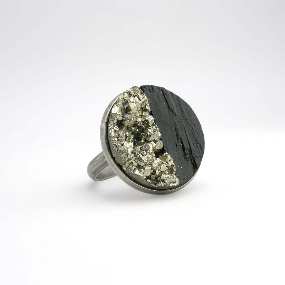 ANILLO DE PIRITA Y TURMALINA ACERO INOXIDABLE AJUSTABLE