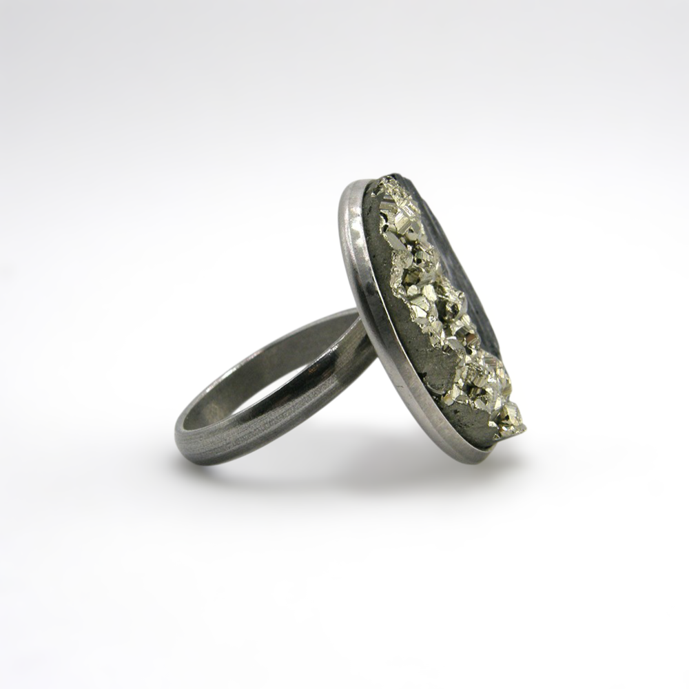 ANILLO DE PIRITA Y TURMALINA ACERO INOXIDABLE AJUSTABLE