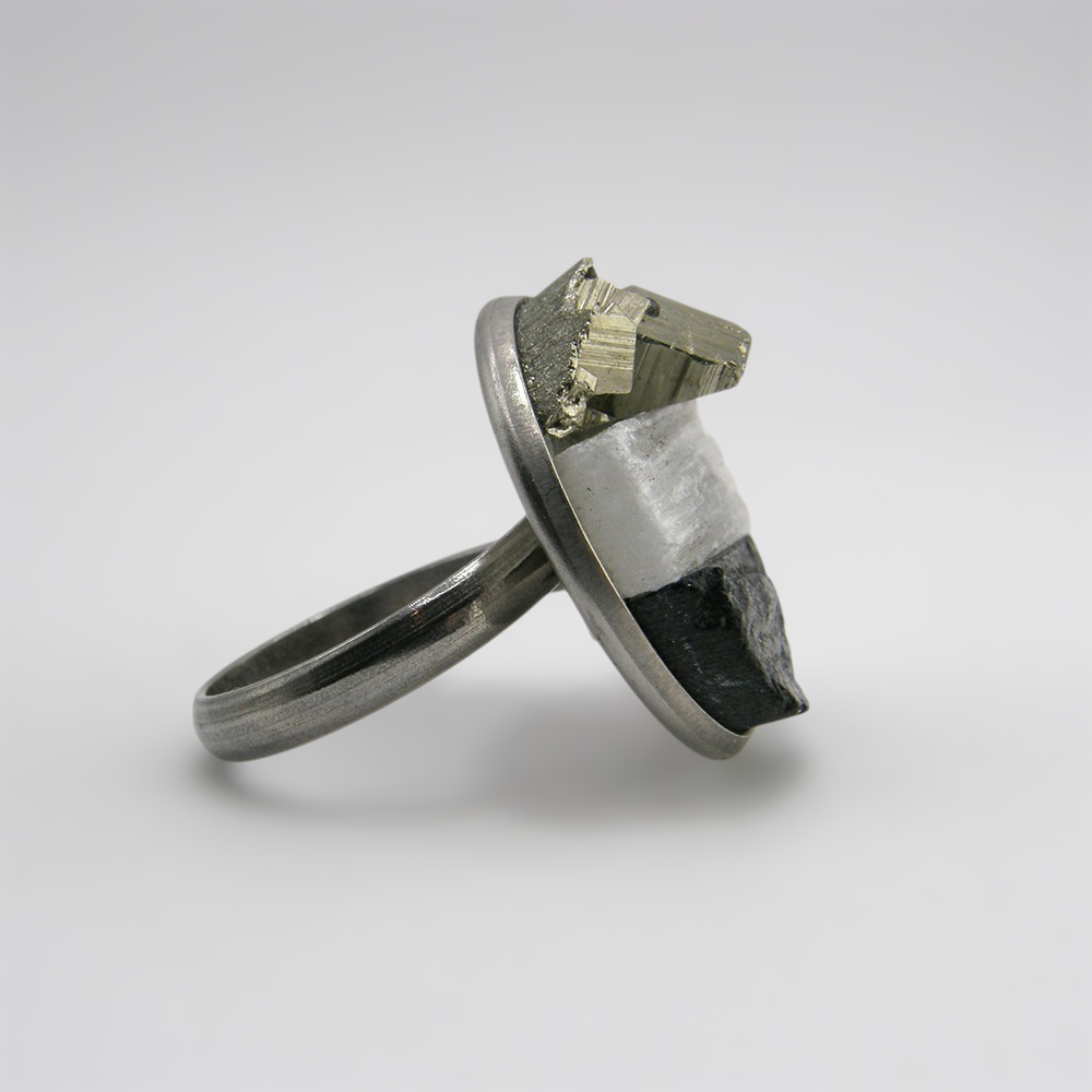 .ANILLO DE PIRITA TURMALINA SELENITA ACERO INOXIDABLE AJUSTABLE